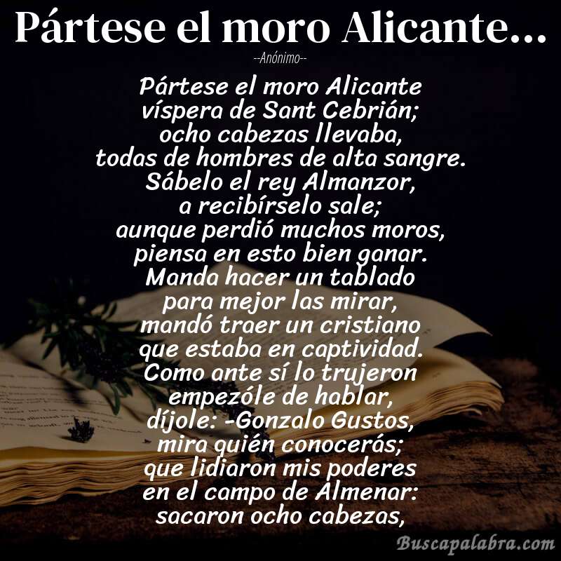 Poema Pártese el moro Alicante... de Anónimo con fondo de libro