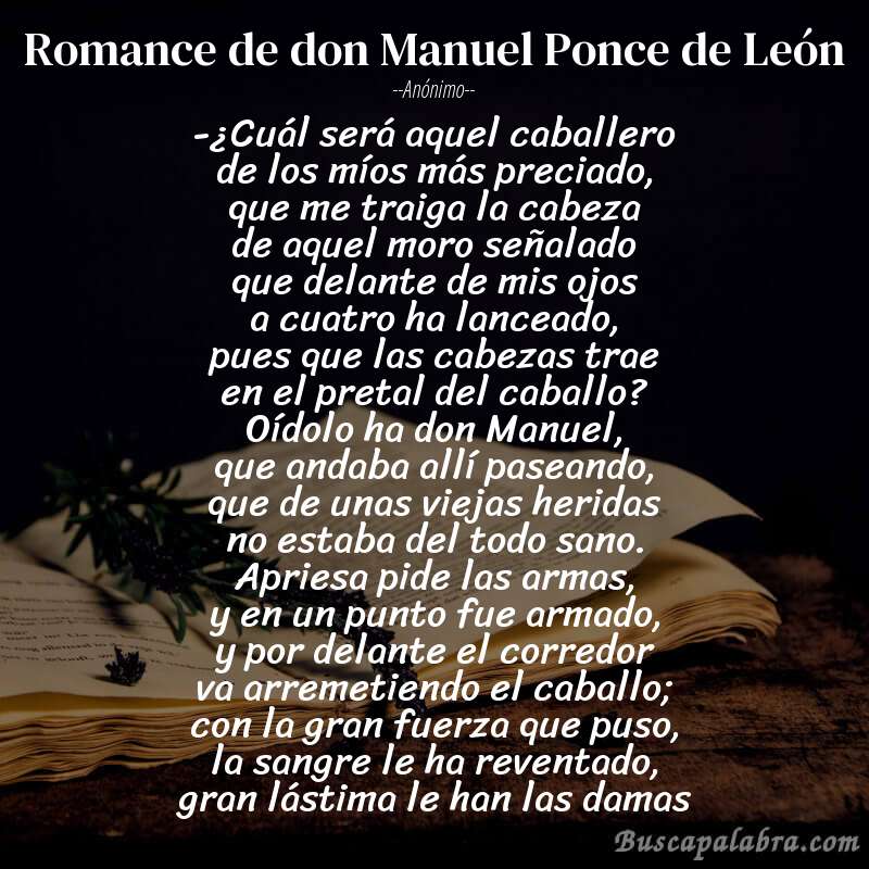 Poema Romance de don Manuel Ponce de León de Anónimo con fondo de libro