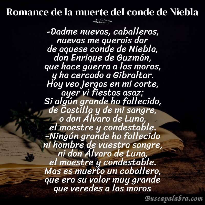 Poema Romance de la muerte del conde de Niebla de Anónimo con fondo de libro
