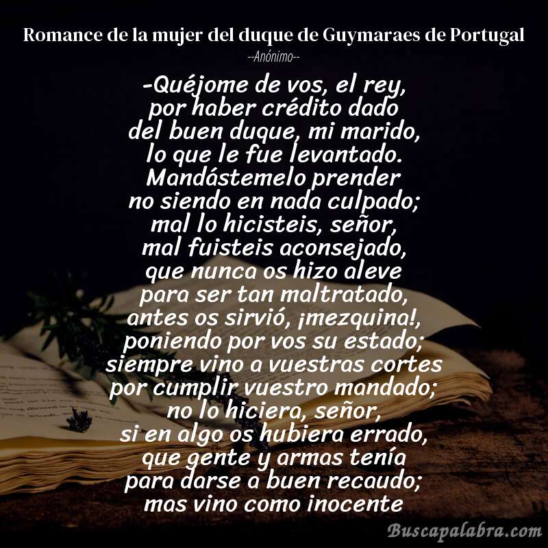 Poema Romance de la mujer del duque de Guymaraes de Portugal de Anónimo con fondo de libro