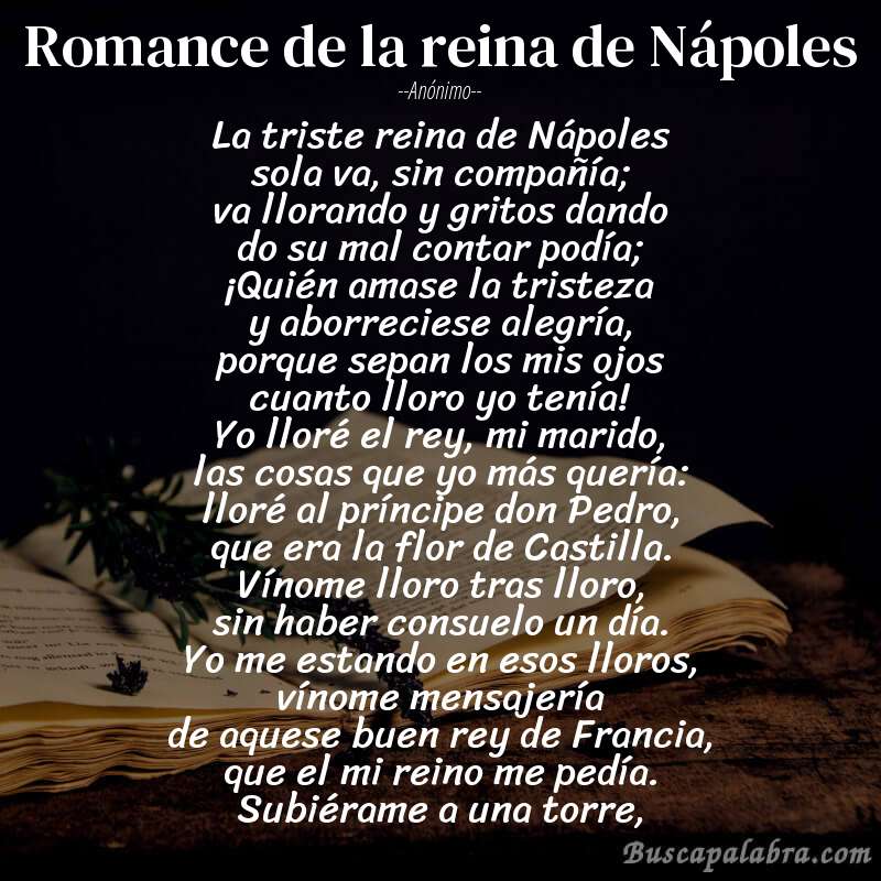 Poema Romance de la reina de Nápoles de Anónimo con fondo de libro