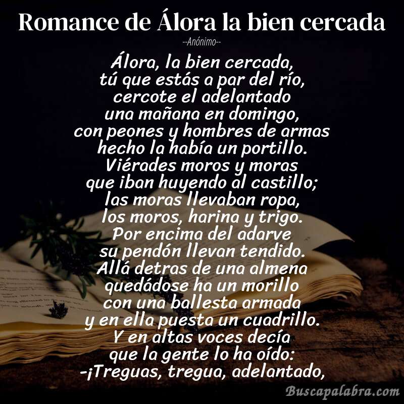 Poema Romance de Álora la bien cercada de Anónimo con fondo de libro