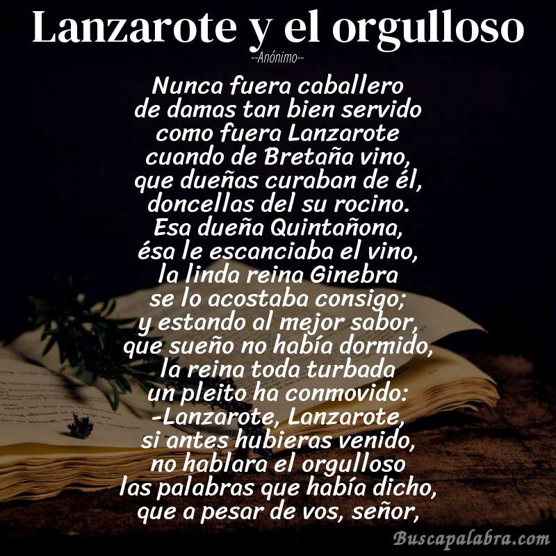 Poema Lanzarote y el orgulloso de Anónimo con fondo de libro