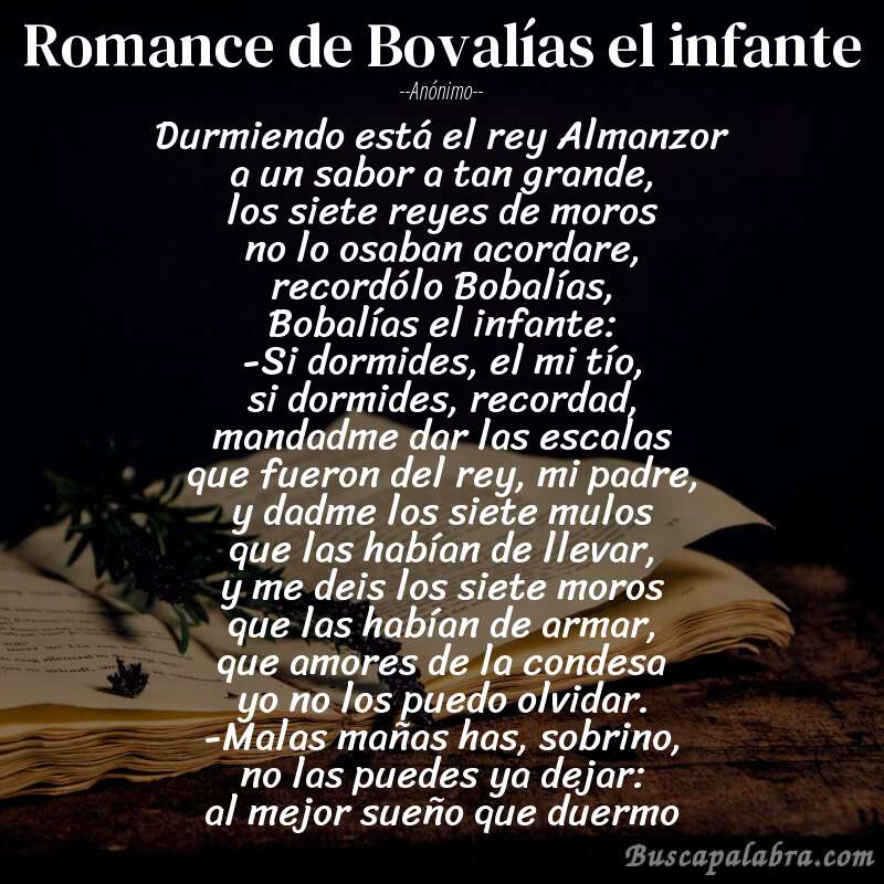 Poema Romance de Bovalías el infante de Anónimo con fondo de libro