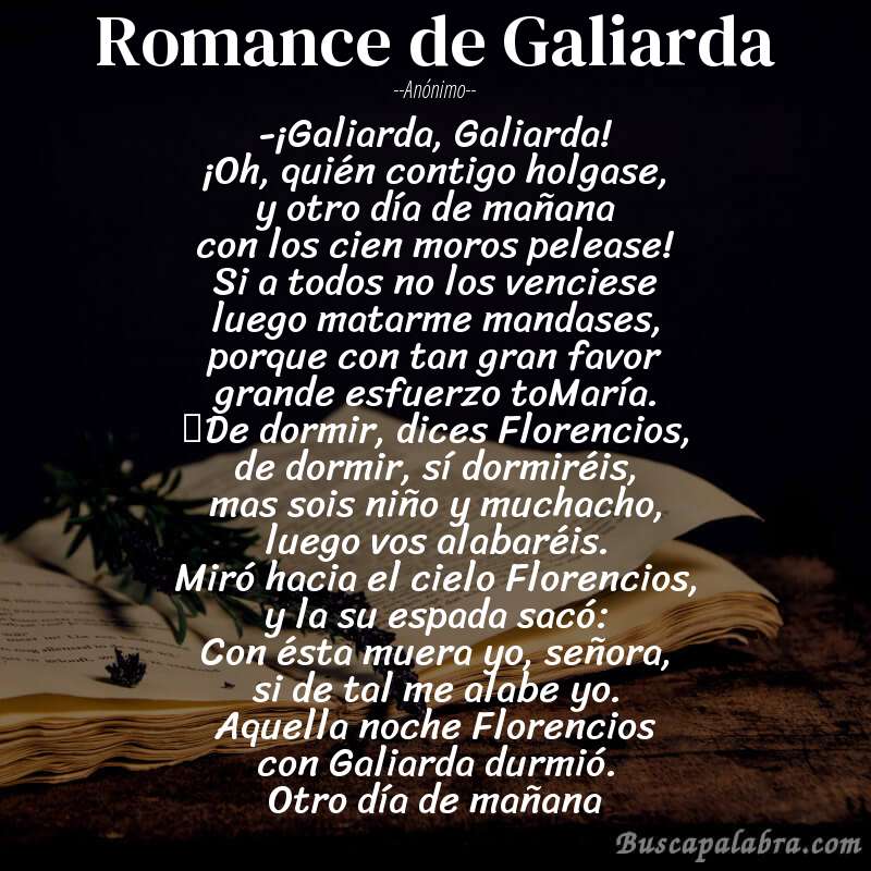 Poema Romance de Galiarda de Anónimo con fondo de libro