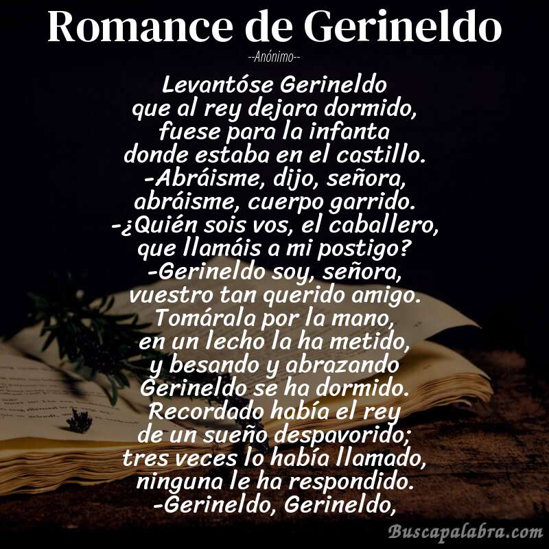 Poema Romance de Gerineldo de Anónimo con fondo de libro