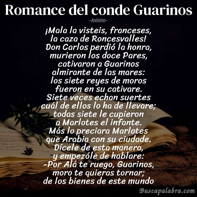 Poema Romance del conde Guarinos de Anónimo con fondo de libro