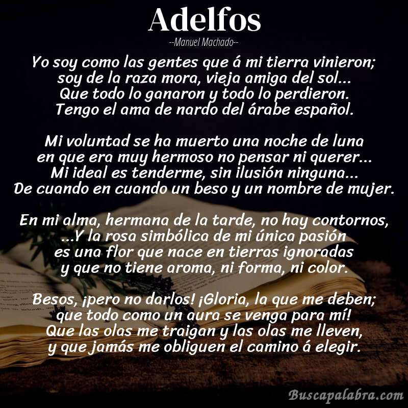 Poema Adelfos de Manuel Machado con fondo de libro