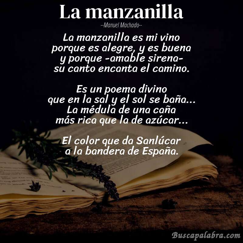 Poema La manzanilla de Manuel Machado con fondo de libro