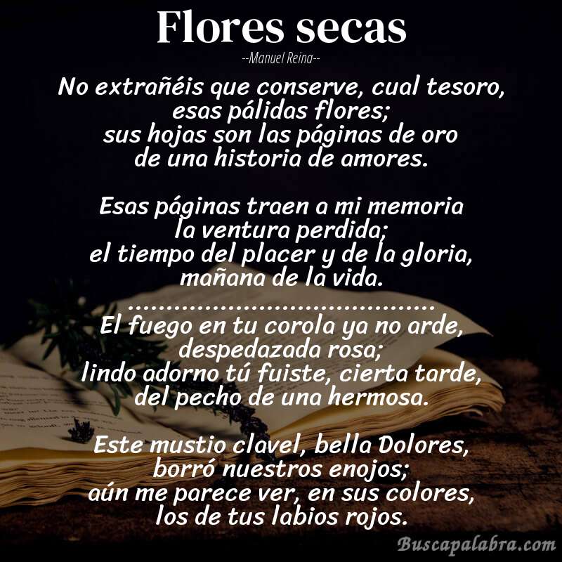 Poema Flores secas de Manuel Reina con fondo de libro