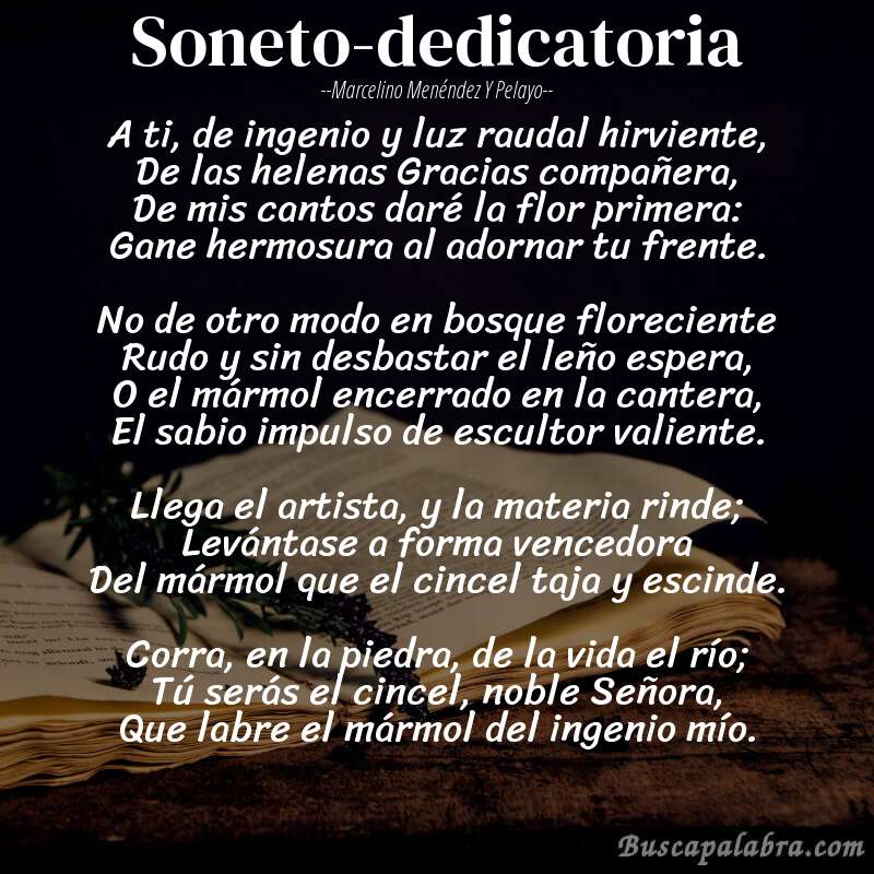 Poema Soneto-dedicatoria de Marcelino Menéndez y Pelayo con fondo de libro