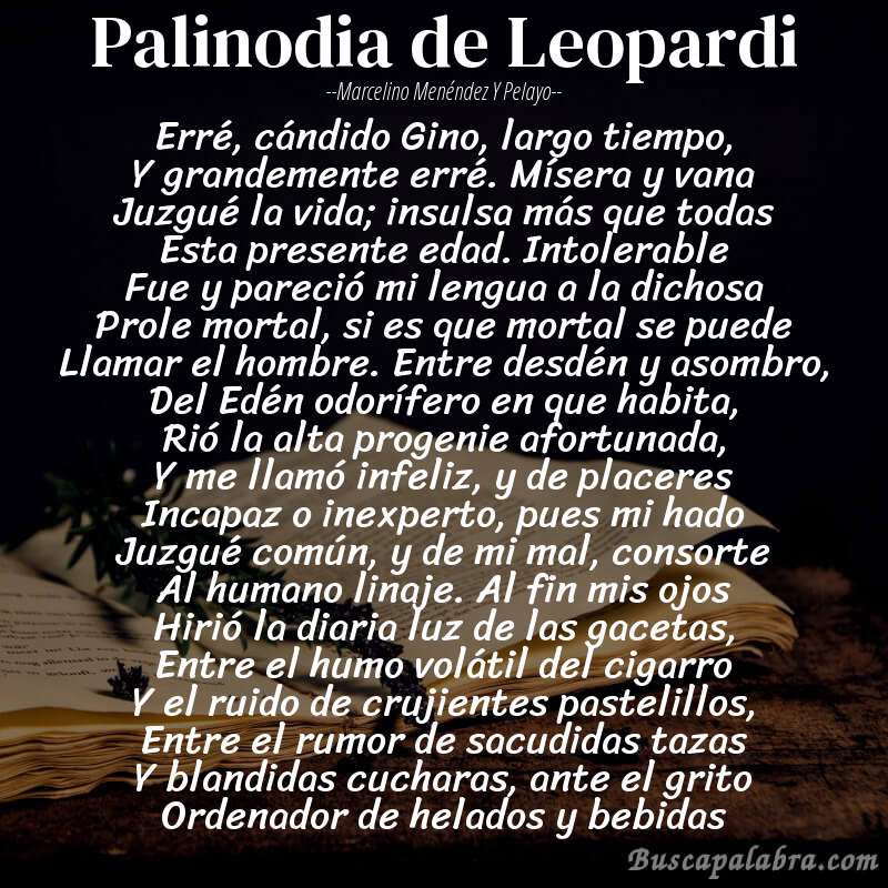 Poema Palinodia de Leopardi de Marcelino Menéndez y Pelayo con fondo de libro