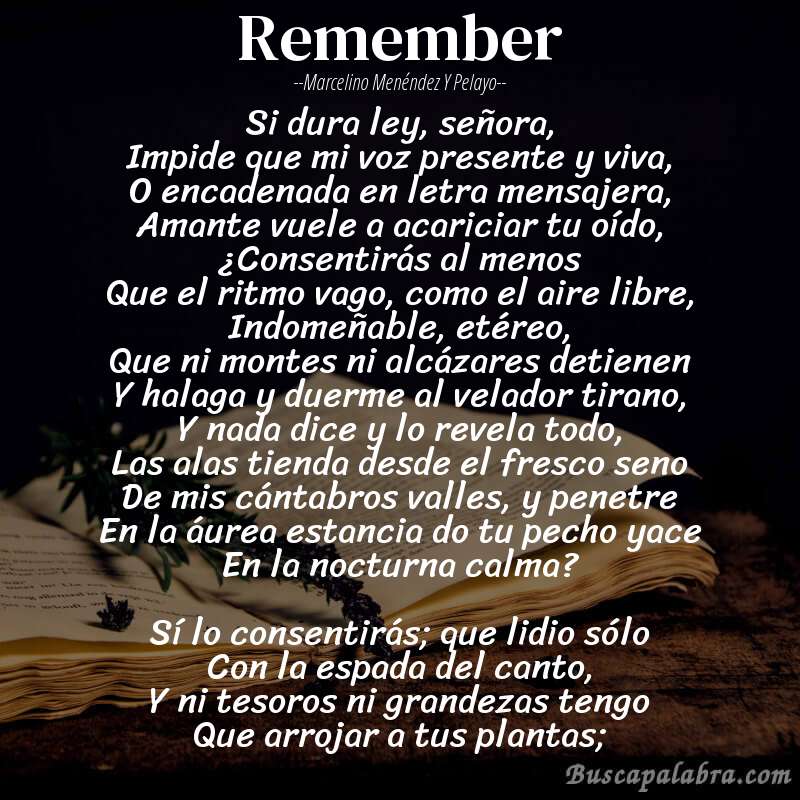 Poema Remember de Marcelino Menéndez y Pelayo con fondo de libro