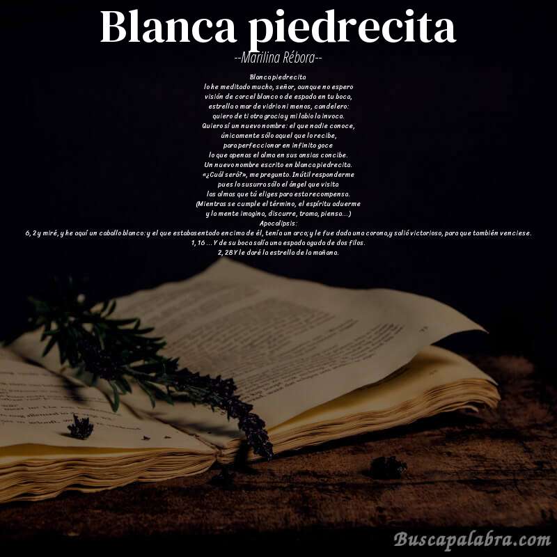 Poema blanca piedrecita de Marilina Rébora con fondo de libro