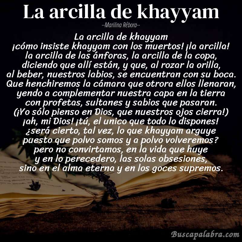 Poema la arcilla de khayyam de Marilina Rébora con fondo de libro