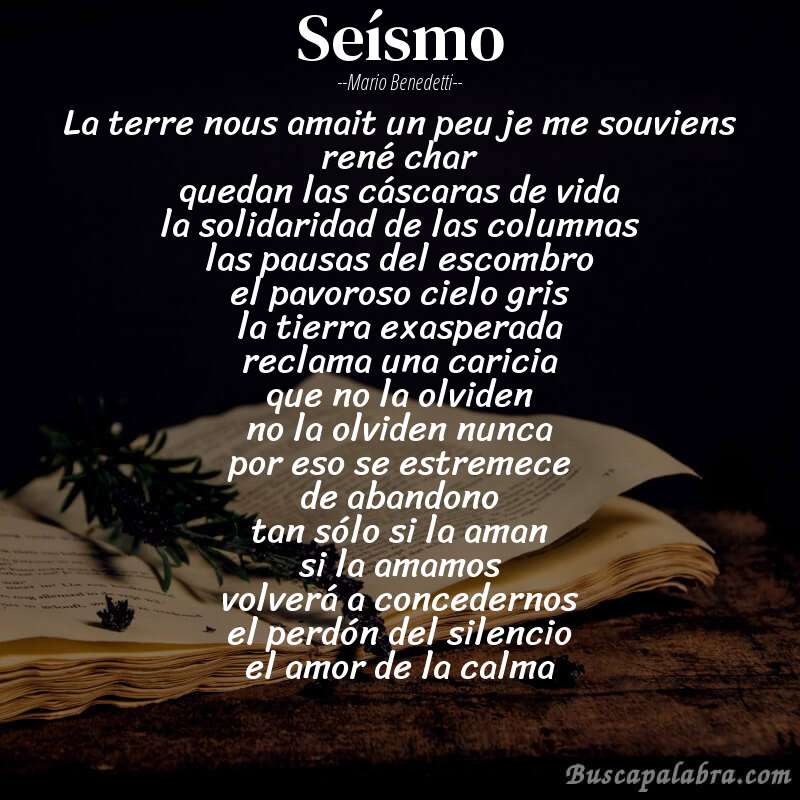 Poema seísmo de Mario Benedetti con fondo de libro