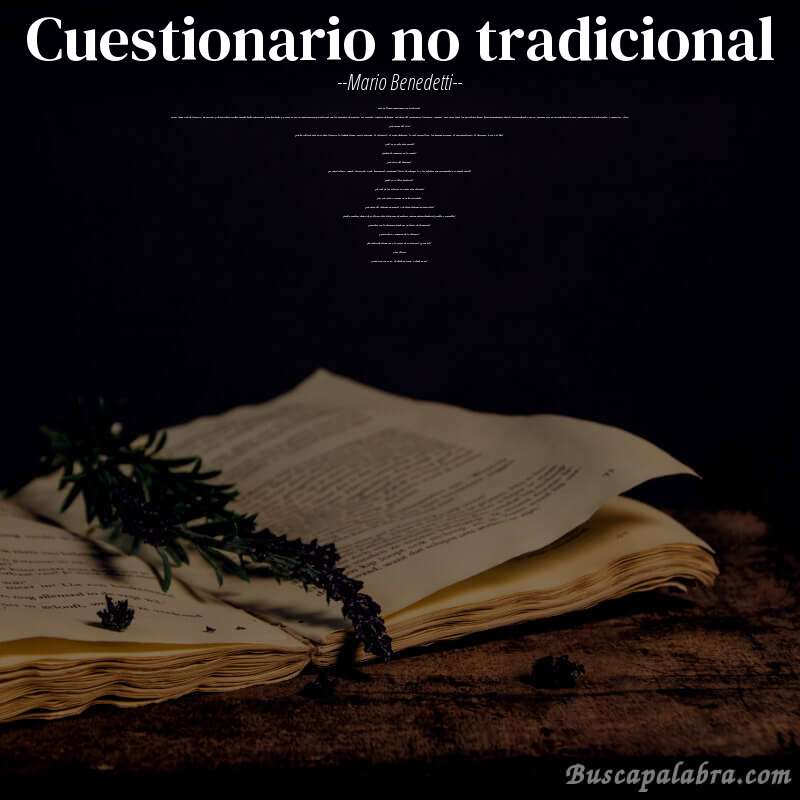 Poema cuestionario no tradicional de Mario Benedetti con fondo de libro