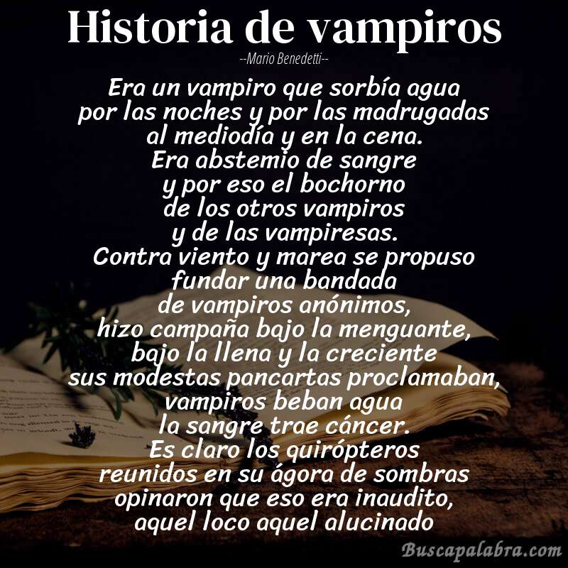 Poema historia de vampiros de Mario Benedetti con fondo de libro