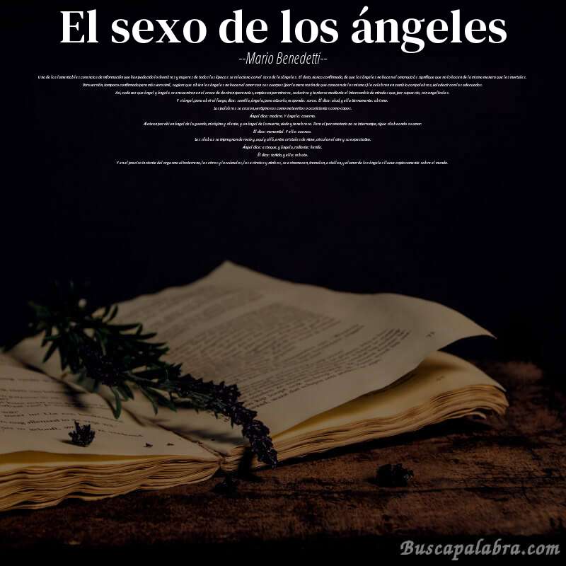 Poema el sexo de los ángeles de Mario Benedetti con fondo de libro