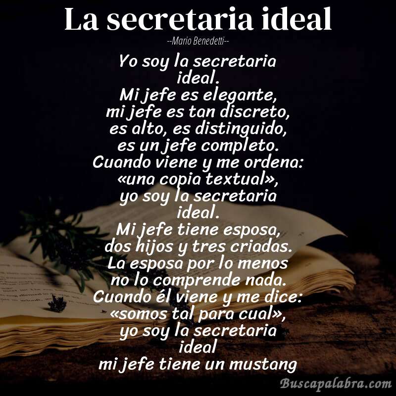 Poema la secretaria ideal de Mario Benedetti con fondo de libro