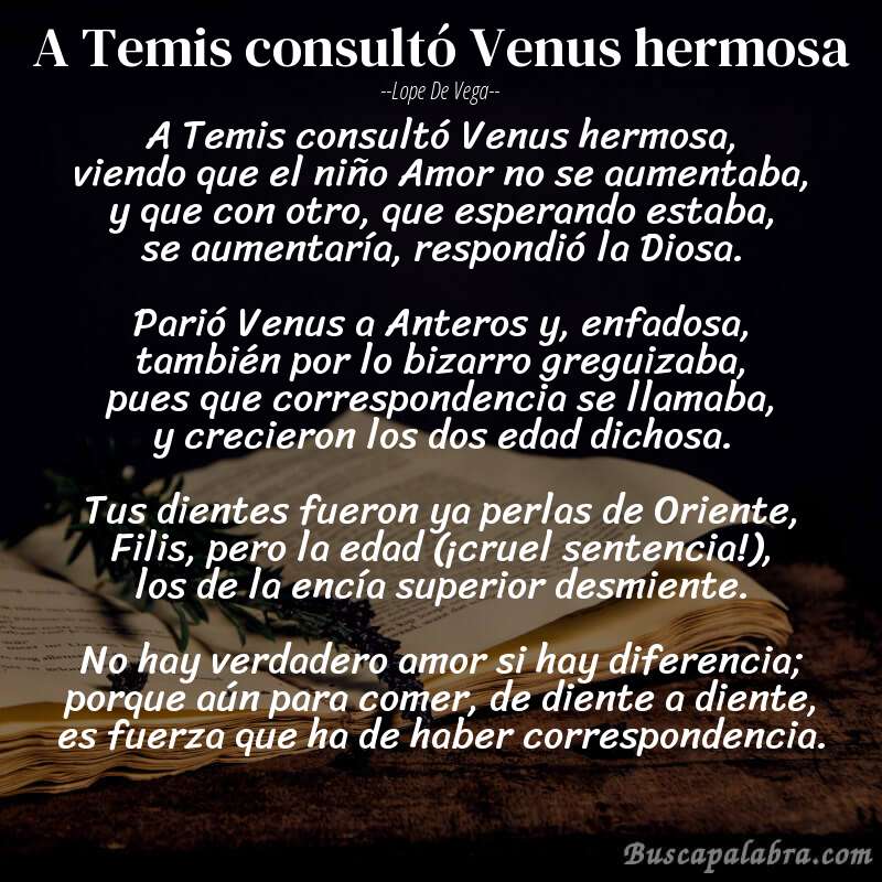 Poema A Temis consultó Venus hermosa de Lope de Vega con fondo de libro