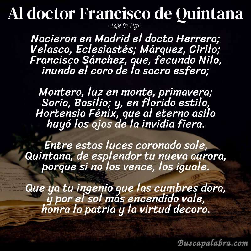 Poema Al doctor Francisco de Quintana de Lope de Vega con fondo de libro