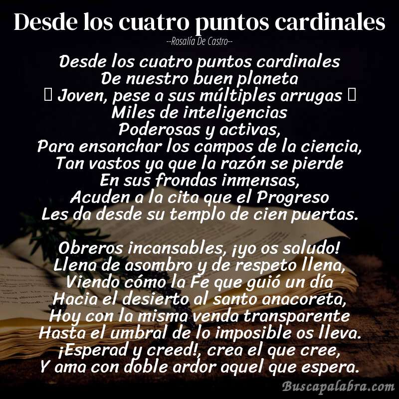 Poema Desde los cuatro puntos cardinales de Rosalía de Castro con fondo de libro