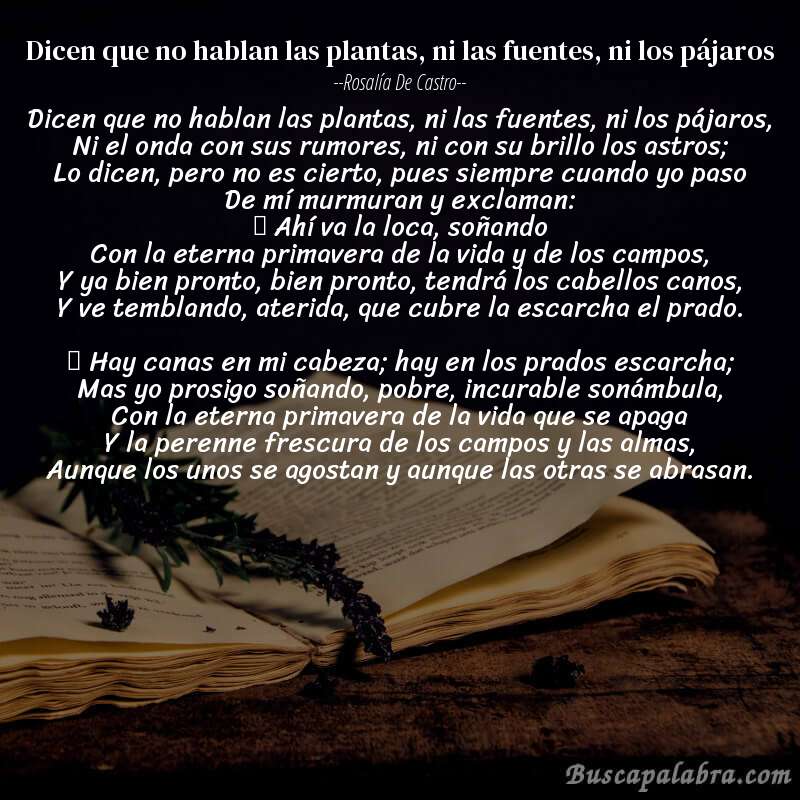 Poema Dicen que no hablan las plantas, ni las fuentes, ni los pájaros de Rosalía de Castro con fondo de libro