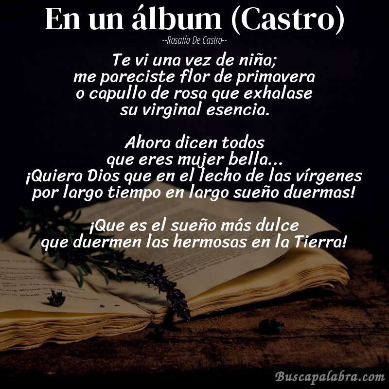 Poema En un álbum (Castro) de Rosalía de Castro con fondo de libro