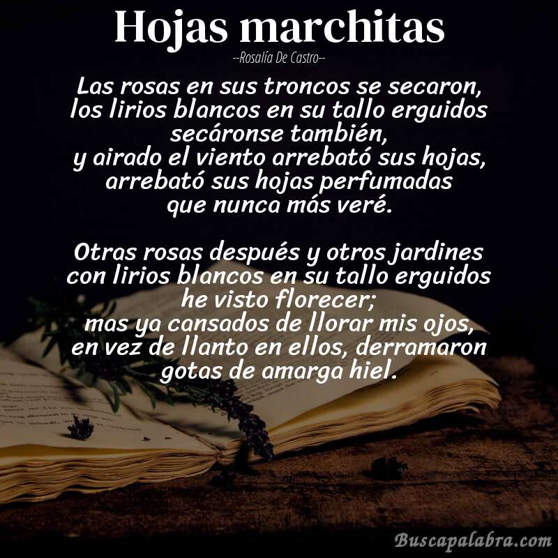 Poema Hojas marchitas de Rosalía de Castro con fondo de libro