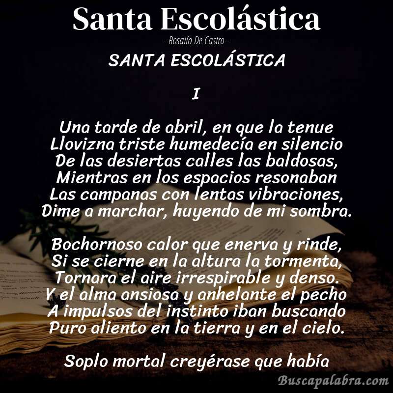 Poema Santa Escolástica de Rosalía de Castro con fondo de libro
