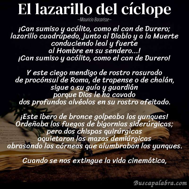 Poema El lazarillo del cíclope de Mauricio Bacarisse con fondo de libro