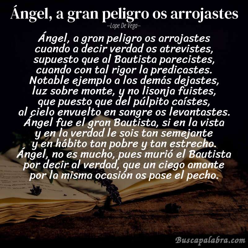 Poema Ángel, a gran peligro os arrojastes de Lope de Vega con fondo de libro
