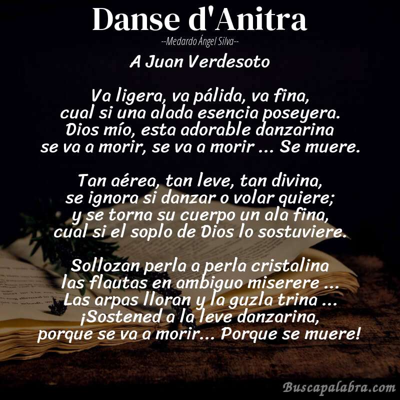Poema Danse d'Anitra de Medardo Ángel Silva con fondo de libro
