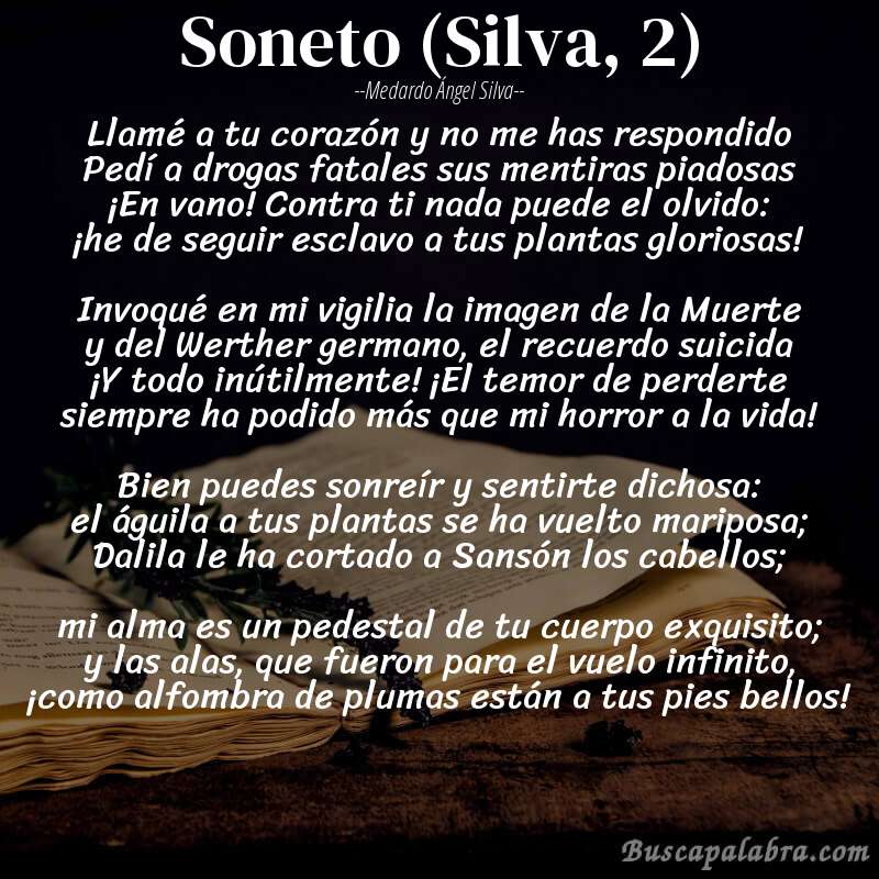 Poema Soneto (Silva, 2) de Medardo Ángel Silva con fondo de libro