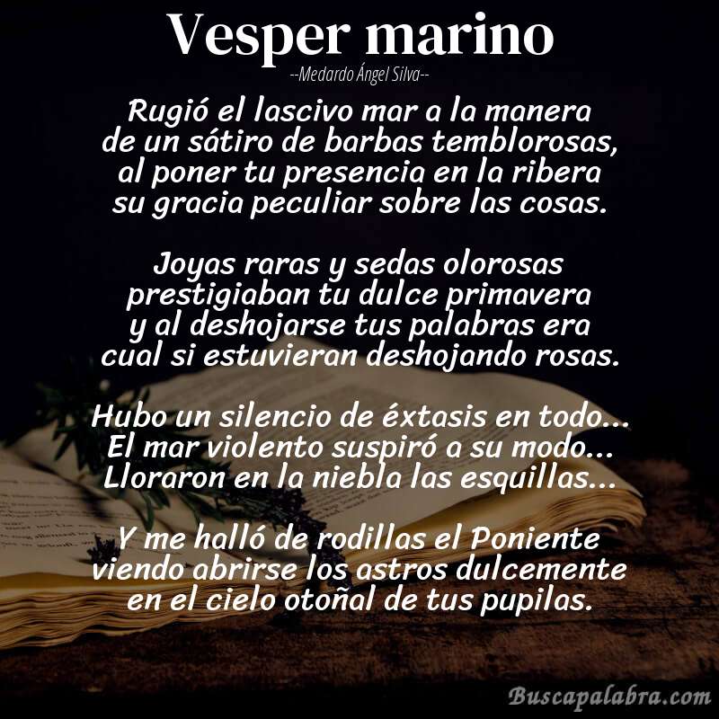 Poema Vesper marino de Medardo Ángel Silva con fondo de libro