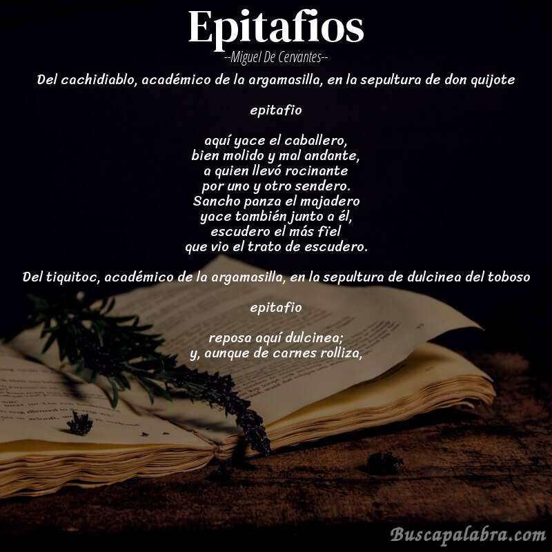 Poema epitafios de Miguel de Cervantes con fondo de libro