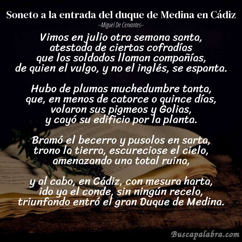 Poema Soneto a la entrada del duque de Medina en Cádiz de Miguel de Cervantes con fondo de libro