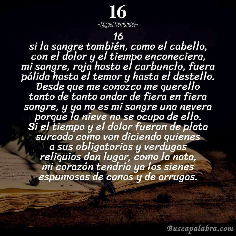 Poema 16 de Miguel Hernández con fondo de libro