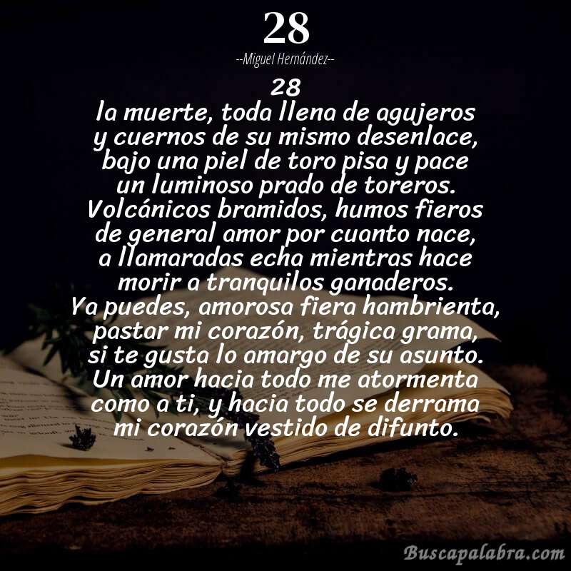 Poema 28 de Miguel Hernández con fondo de libro