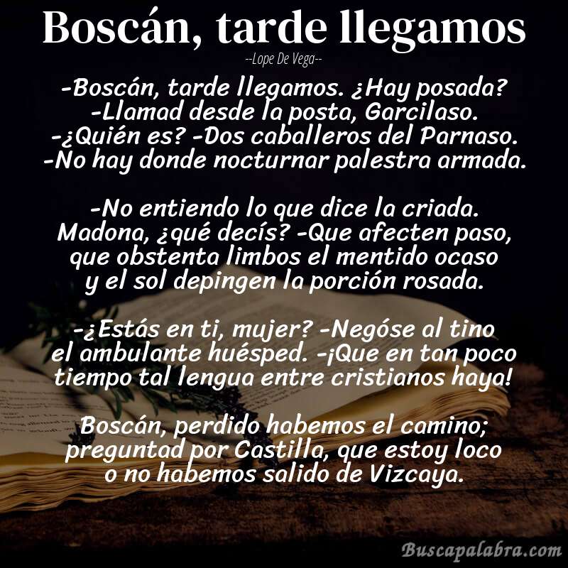Poema Boscán, tarde llegamos de Lope de Vega con fondo de libro