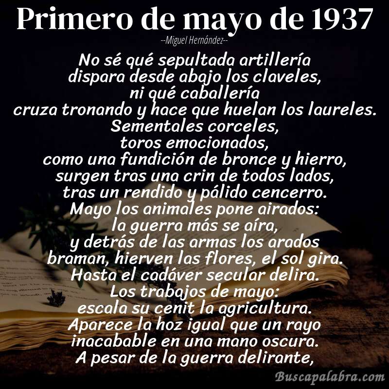 Poema primero de mayo de 1937 de Miguel Hernández con fondo de libro