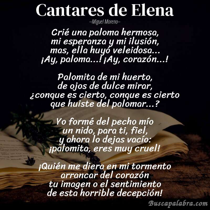 Poema Cantares de Elena de Miguel Moreno con fondo de libro