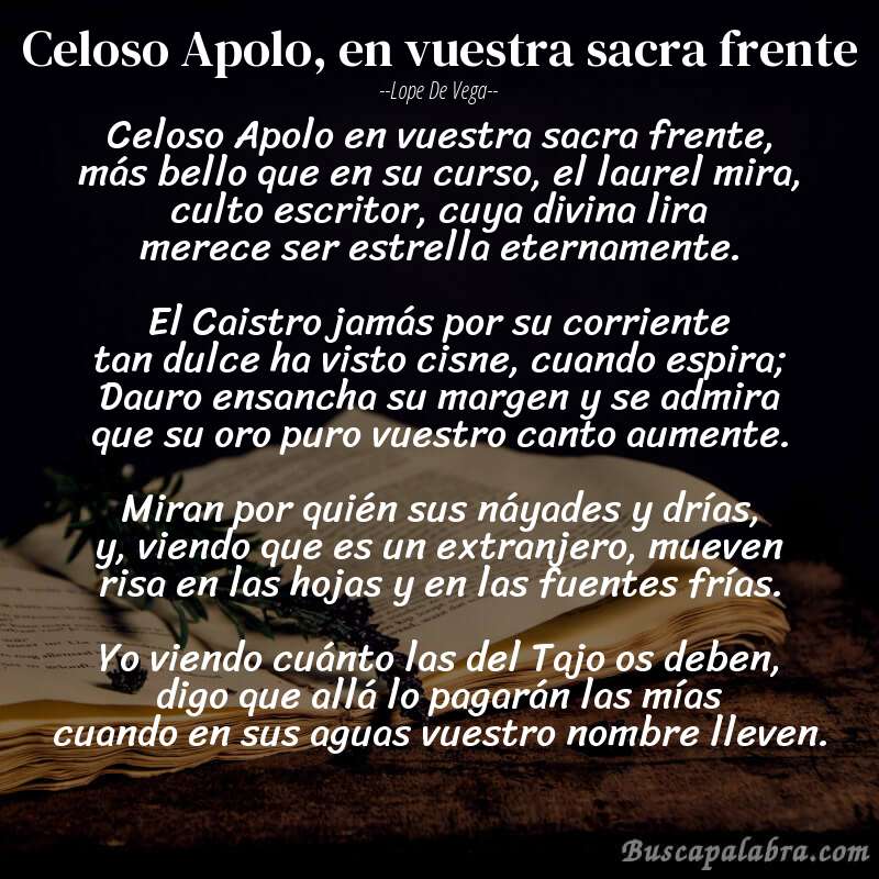 Poema Celoso Apolo, en vuestra sacra frente de Lope de Vega con fondo de libro