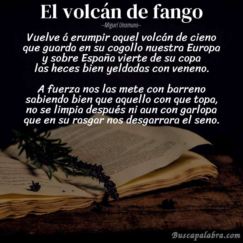 Poema El volcán de fango de Miguel Unamuno con fondo de libro
