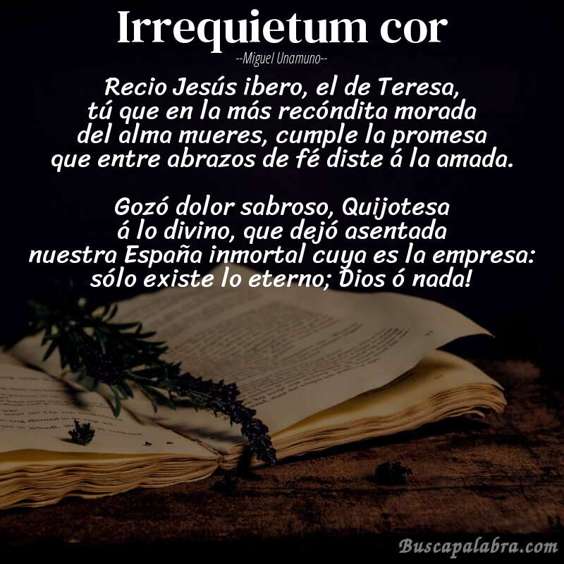 Poema Irrequietum cor de Miguel Unamuno con fondo de libro