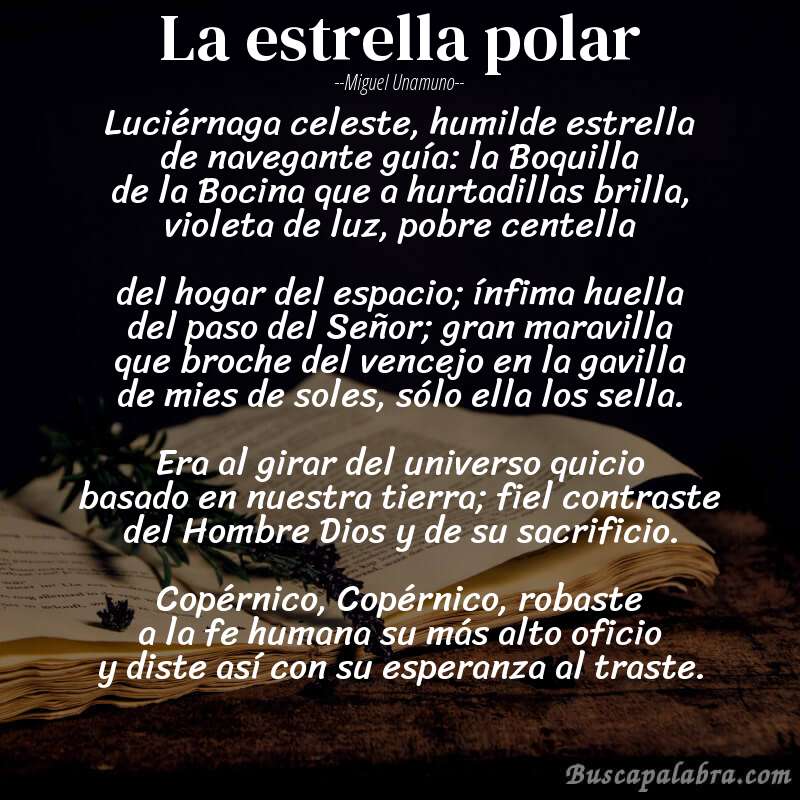 Poema La estrella polar de Miguel Unamuno con fondo de libro
