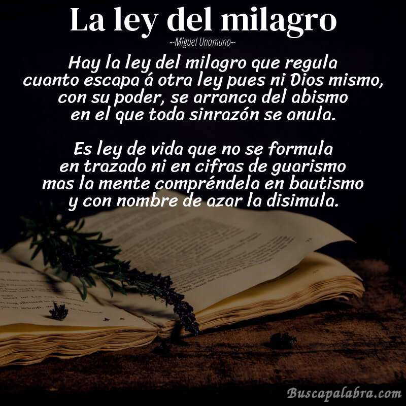 Poema La ley del milagro de Miguel Unamuno con fondo de libro