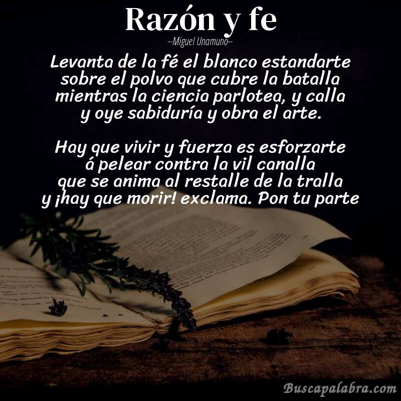 Poema Razón y fe de Miguel Unamuno con fondo de libro