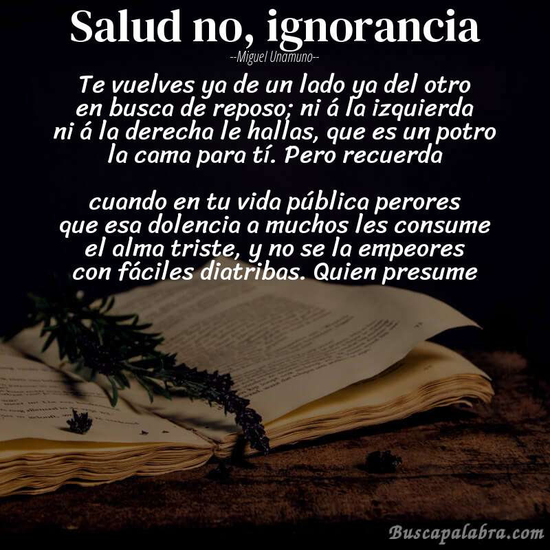 Poema Salud no, ignorancia de Miguel Unamuno con fondo de libro